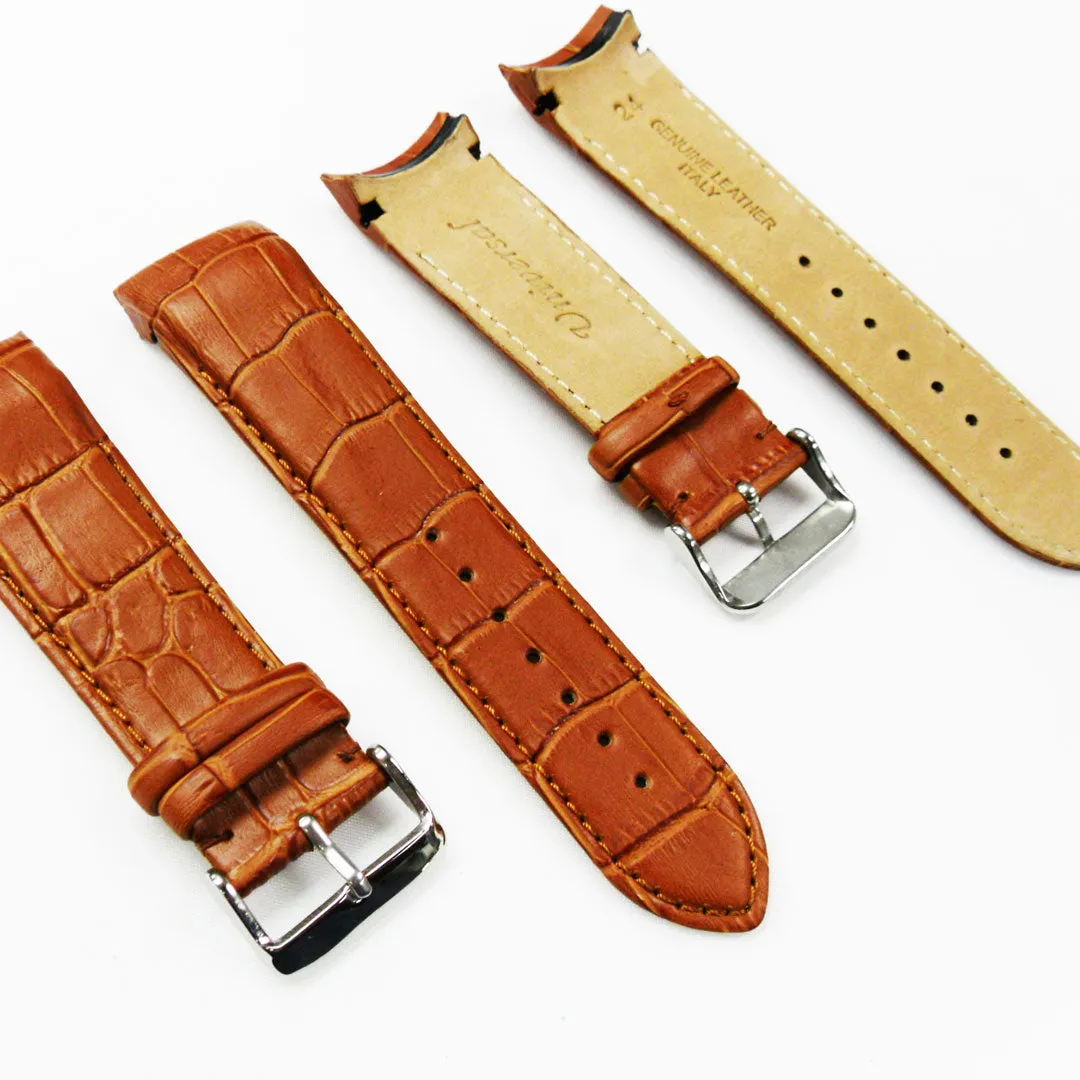 Alligator Curved Genuine Leather Watch Strap, 24MM, Black Color, Padded, Black Stitched, Regular Size, Silver Buckle, Watch Band Replacement
