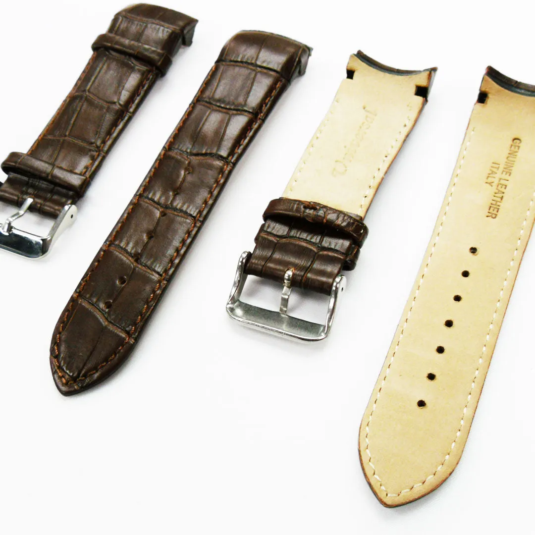 Alligator Curved Genuine Leather Watch Strap, 24MM, Black Color, Padded, Black Stitched, Regular Size, Silver Buckle, Watch Band Replacement