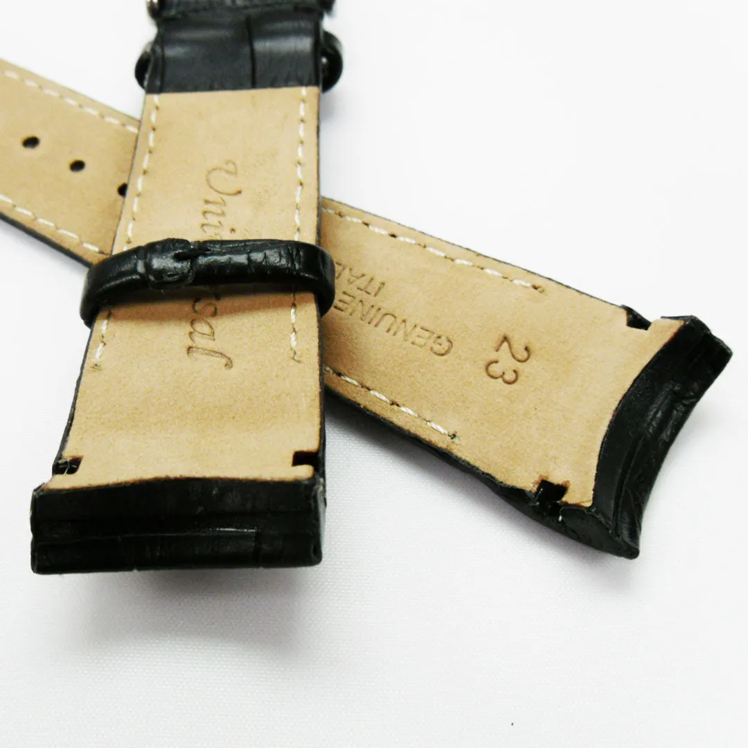 Alligator Curved Genuine Leather Watch Strap, 24MM, Black Color, Padded, Black Stitched, Regular Size, Silver Buckle, Watch Band Replacement