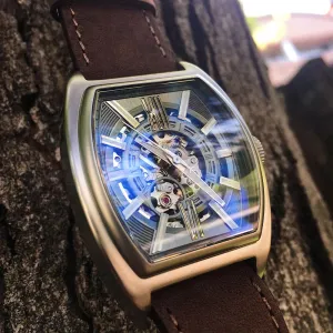 ARIES GOLD AUTOMATIC INFINUM CRUISER SILVER STAINLESS STEEL G 9018 S-GY BROWN LEATHER STRAP MEN'S WATCH