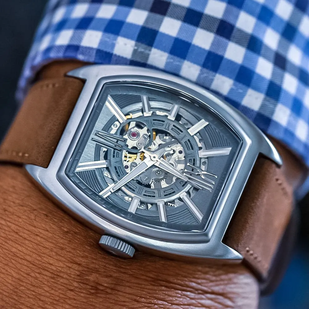 ARIES GOLD AUTOMATIC INFINUM CRUISER SILVER STAINLESS STEEL G 9018 S-GY BROWN LEATHER STRAP MEN'S WATCH