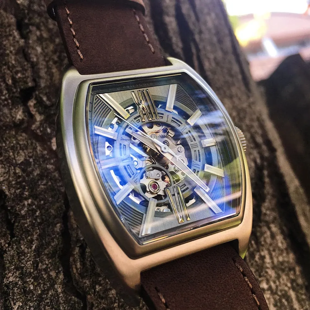 ARIES GOLD AUTOMATIC INFINUM CRUISER SILVER STAINLESS STEEL G 9018 S-GY BROWN LEATHER STRAP MEN'S WATCH