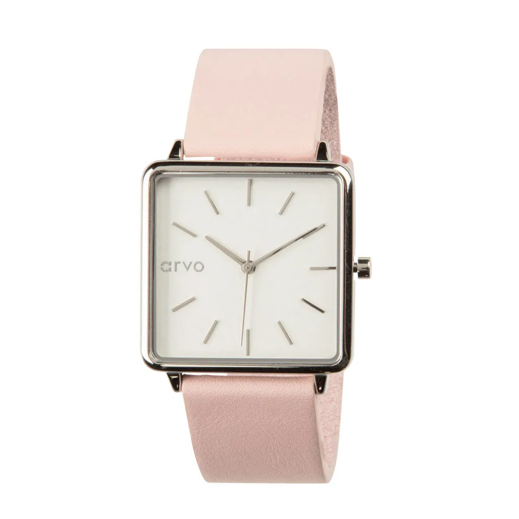 Arvo Time Squared Watch - Silver - Blush Pink Leather by Arvo