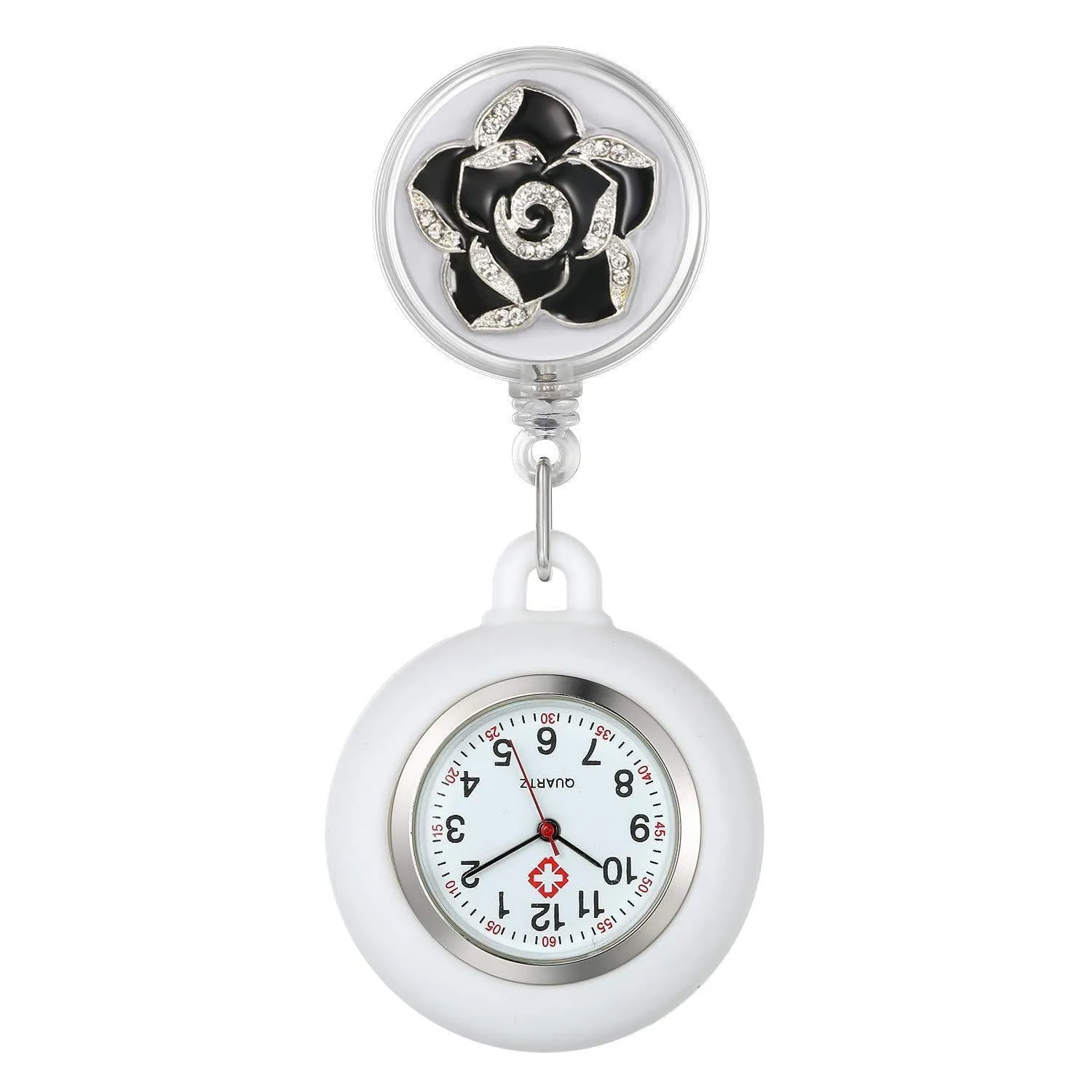 AVANER Stretchable Nurse Watches Clip-on Hanging Fob Watches Camellia Pattern Lapel Watches for Nurses Doctors with Silicone Case Black