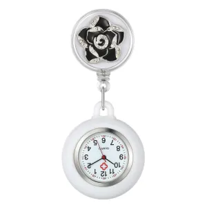 AVANER Stretchable Nurse Watches Clip-on Hanging Fob Watches Camellia Pattern Lapel Watches for Nurses Doctors with Silicone Case Black