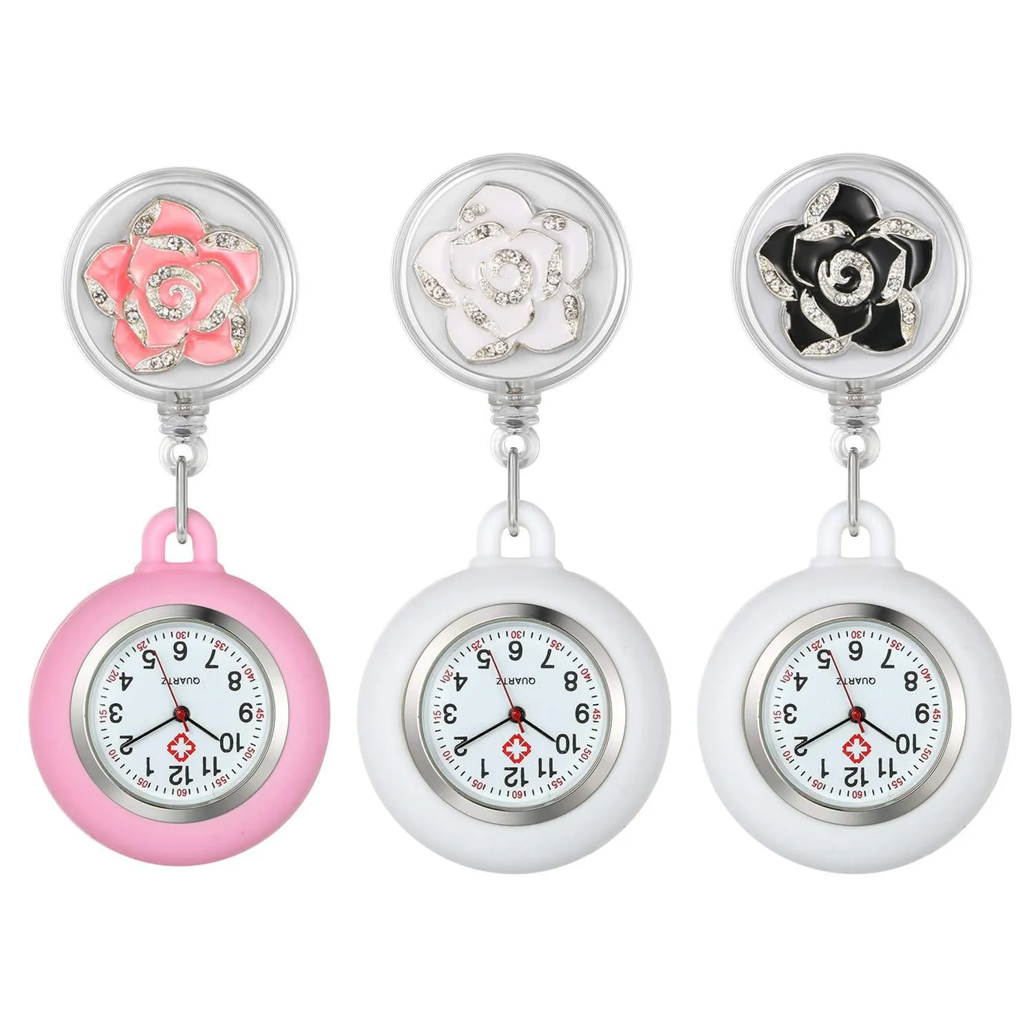 AVANER Stretchable Nurse Watches Clip-on Hanging Fob Watches Camellia Pattern Lapel Watches for Nurses Doctors with Silicone Case Black