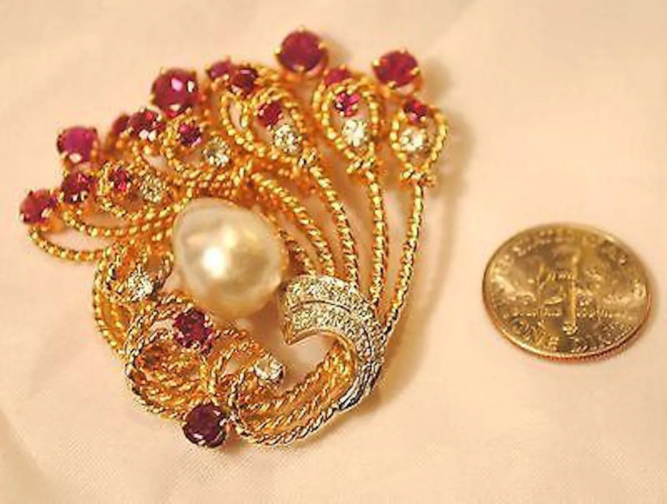 Beautiful Designer SYG Brooch Pin w/ Baroque Pearl, 18 Rubies, 20 Diamonds! - $20K Appraisal Value w/CoA}