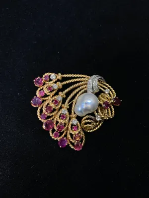 Beautiful Designer SYG Brooch Pin w/ Baroque Pearl, 18 Rubies, 20 Diamonds! - $20K Appraisal Value w/CoA}