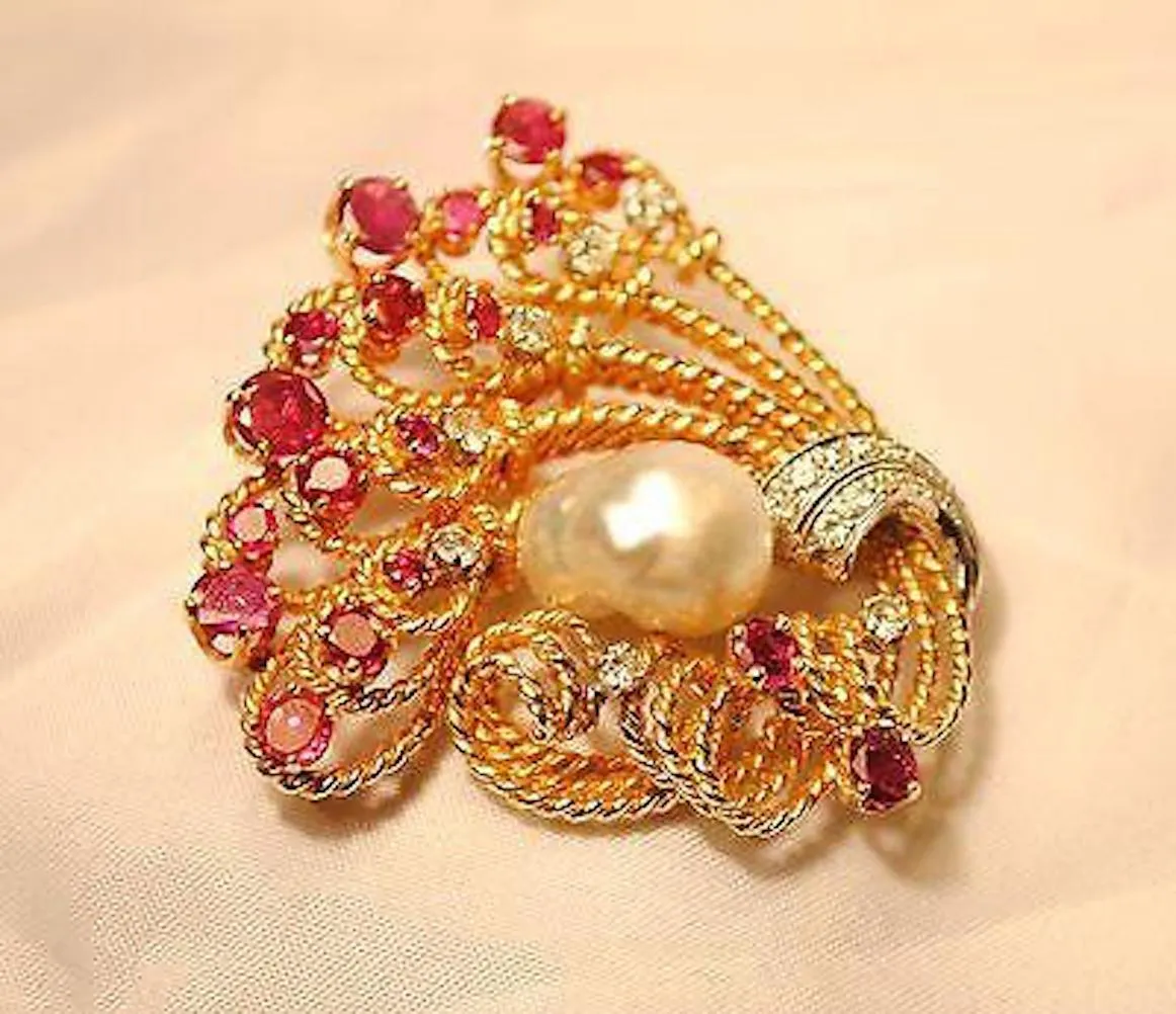 Beautiful Designer SYG Brooch Pin w/ Baroque Pearl, 18 Rubies, 20 Diamonds! - $20K Appraisal Value w/CoA}