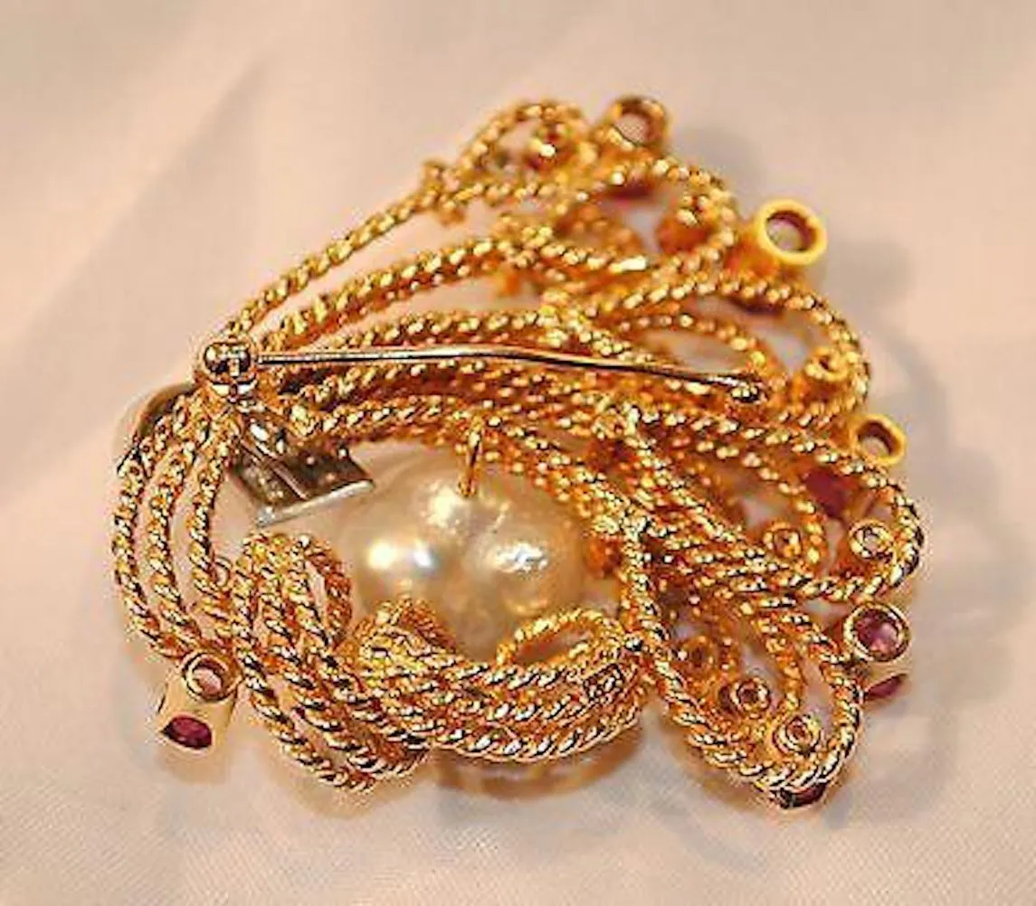 Beautiful Designer SYG Brooch Pin w/ Baroque Pearl, 18 Rubies, 20 Diamonds! - $20K Appraisal Value w/CoA}