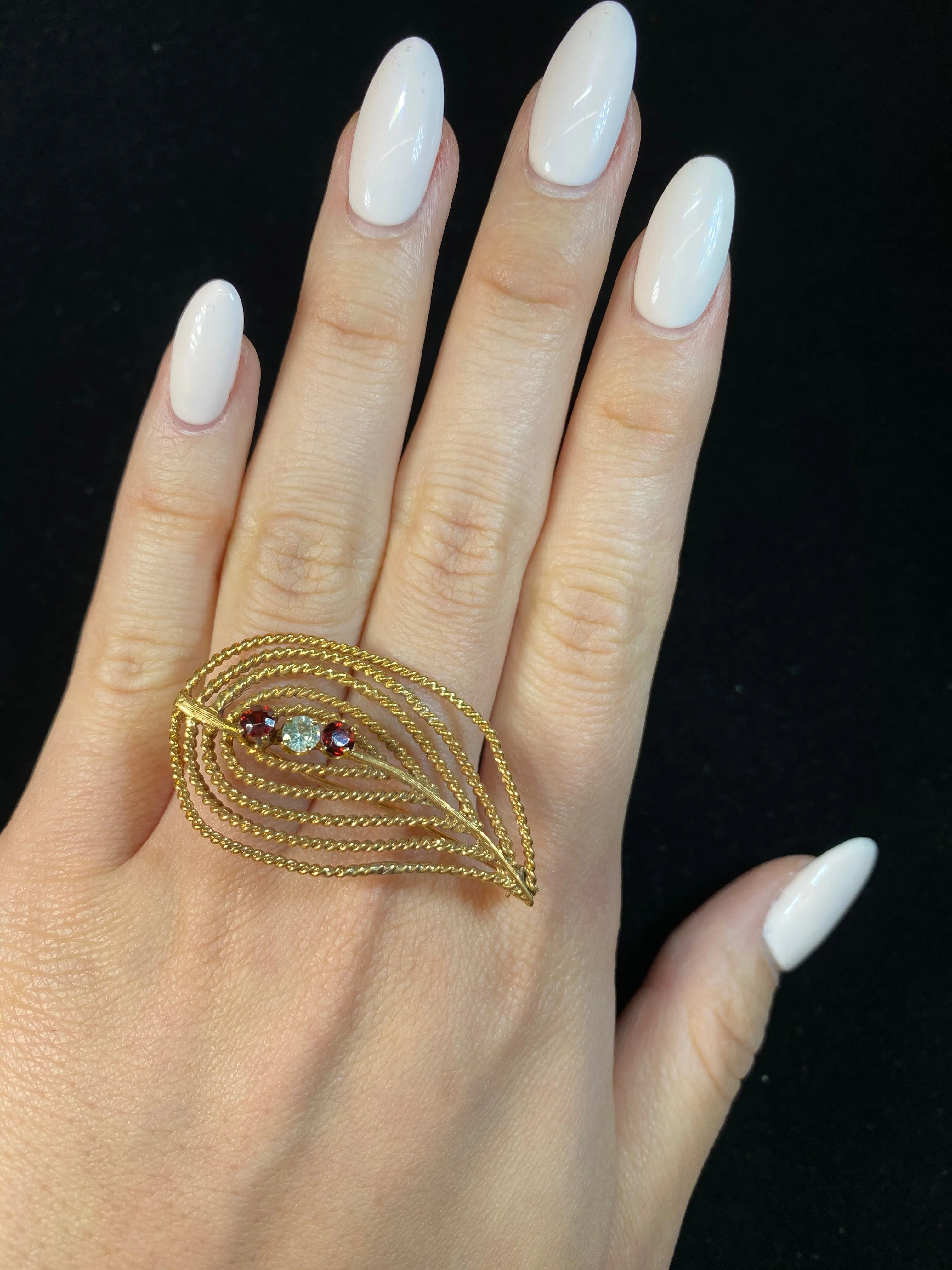 BEAUTIFUL Unique Design Solid Yellow Gold Brooch Pin w/ Garnet & CZ Stones - $6K Appraisal Value! }