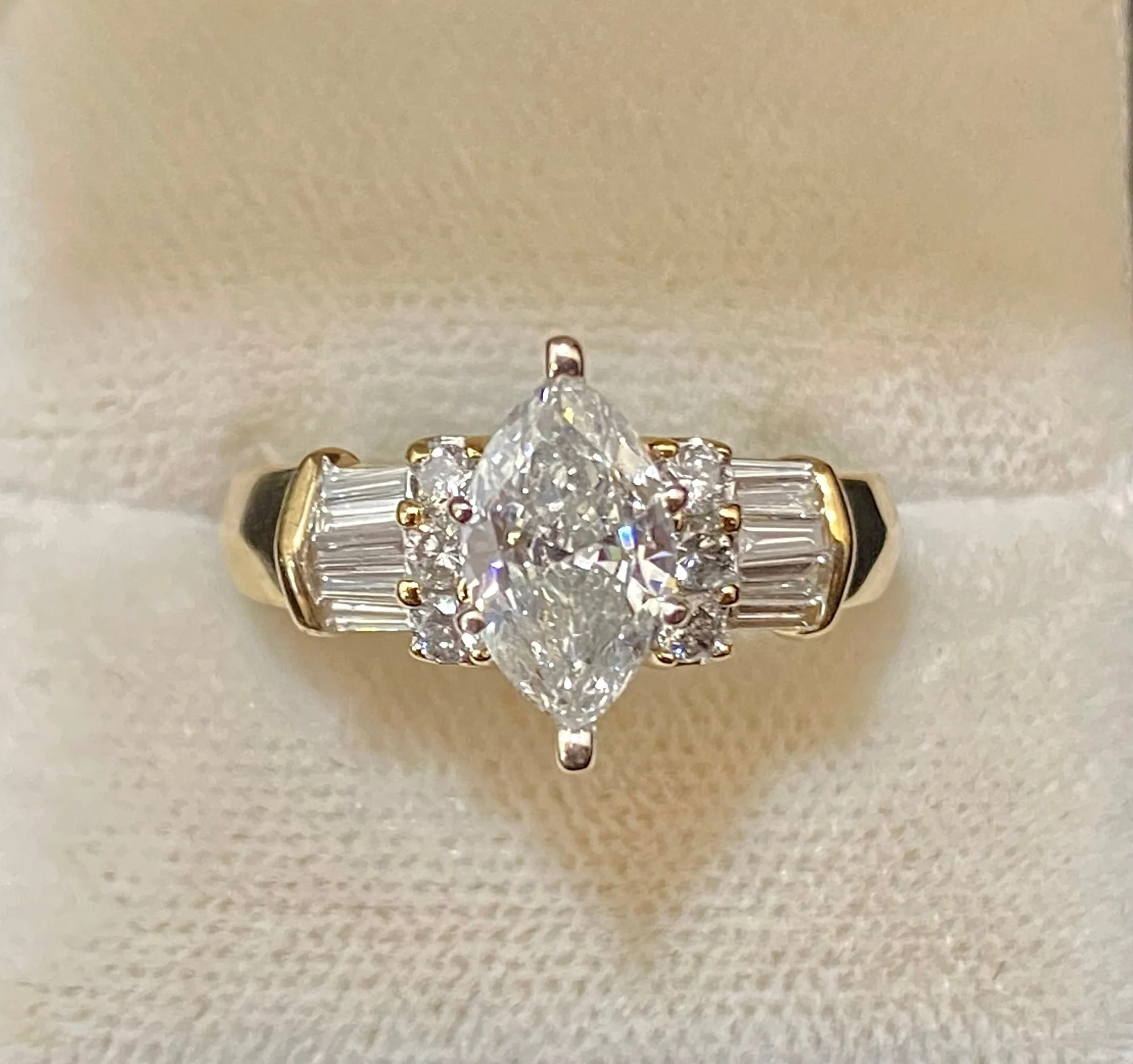 Beautiful Unique Solid Yellow Gold Marquise with Accent Diamond Ring - $35K Appraisal Value w/CoA}