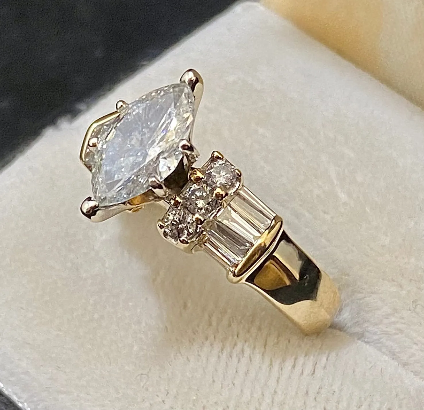 Beautiful Unique Solid Yellow Gold Marquise with Accent Diamond Ring - $35K Appraisal Value w/CoA}