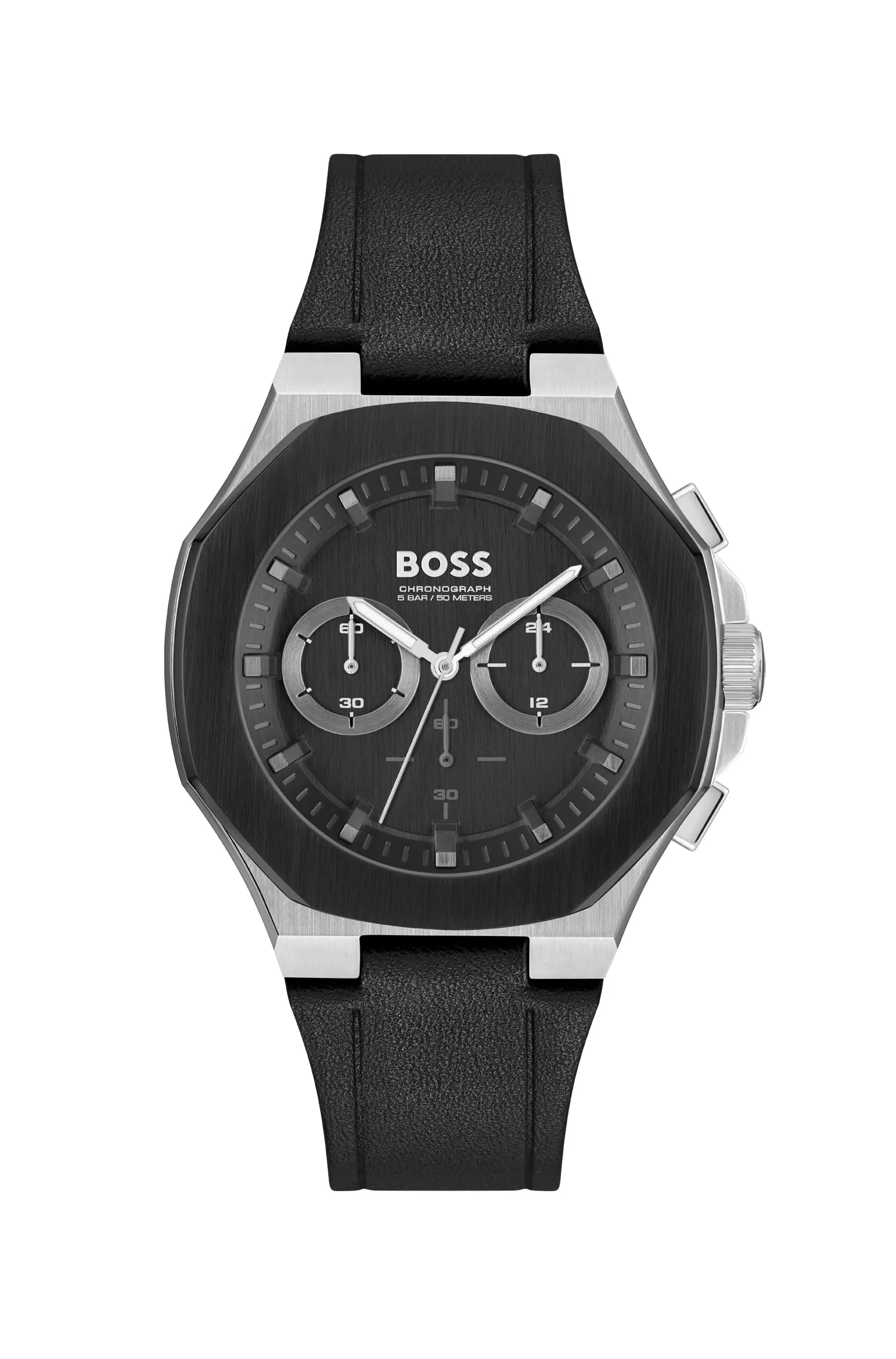 BOSS Taper Qtz Fashion Chrono Black Tonneau Dial Men's Watch|Black Leather Material|Black Color Band - 1514085