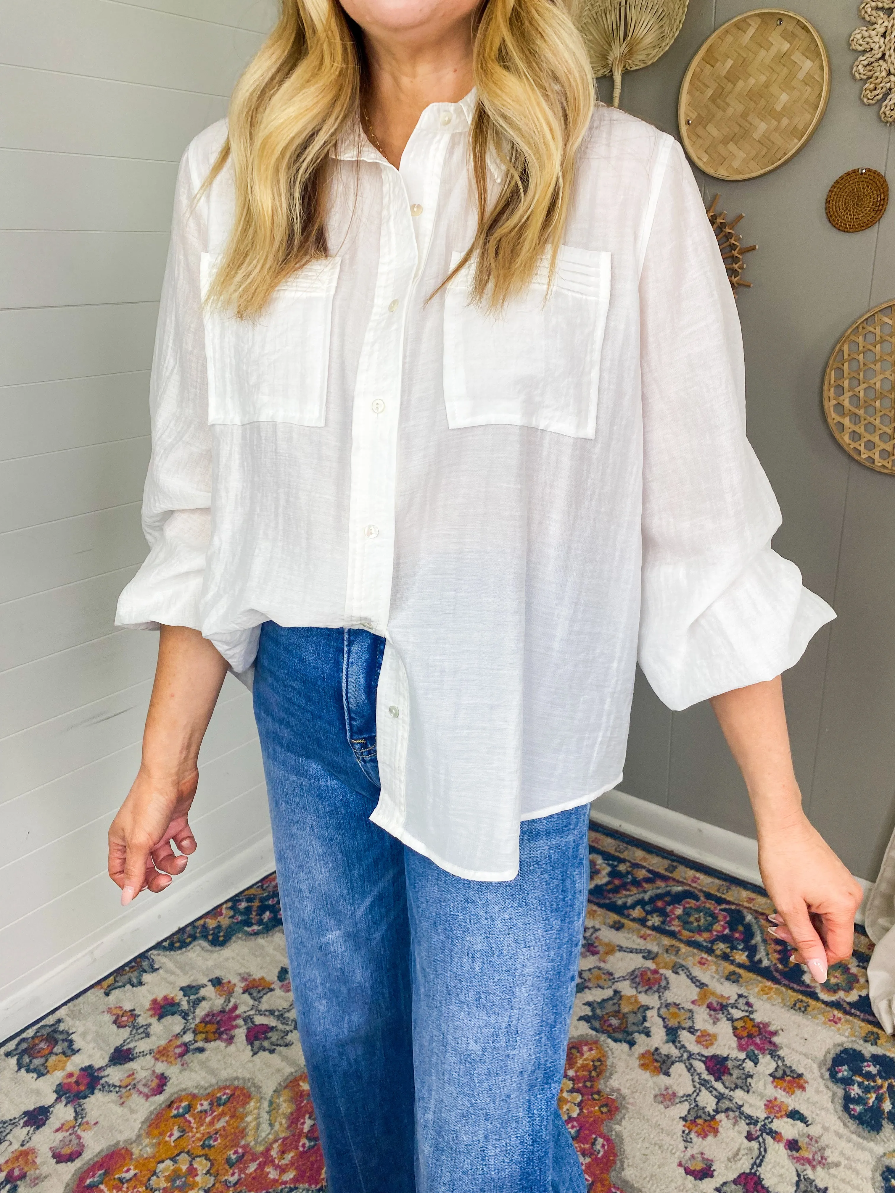 Bubble Sleeve White Button Down Shirt