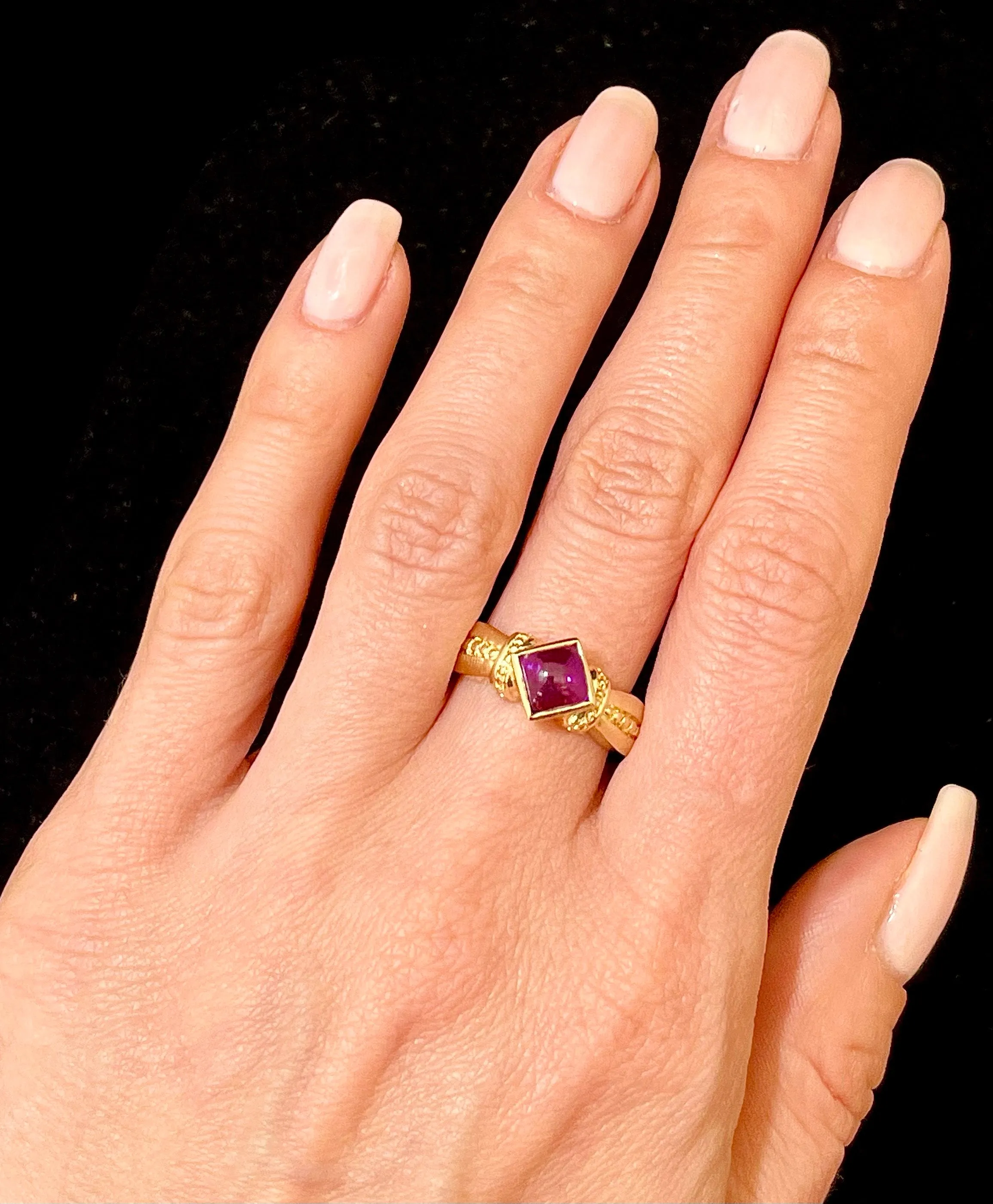 Bulgari style SYG with Square Cabochon Amethyst Ring - $6K Appraisal value w/CoA!