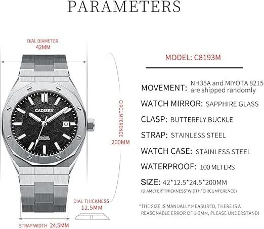 CADISEN Model C8193M Men's Automatic Watch Mechanical NH35 Movement Waterproof Sapphire Glass Casual Business Watches