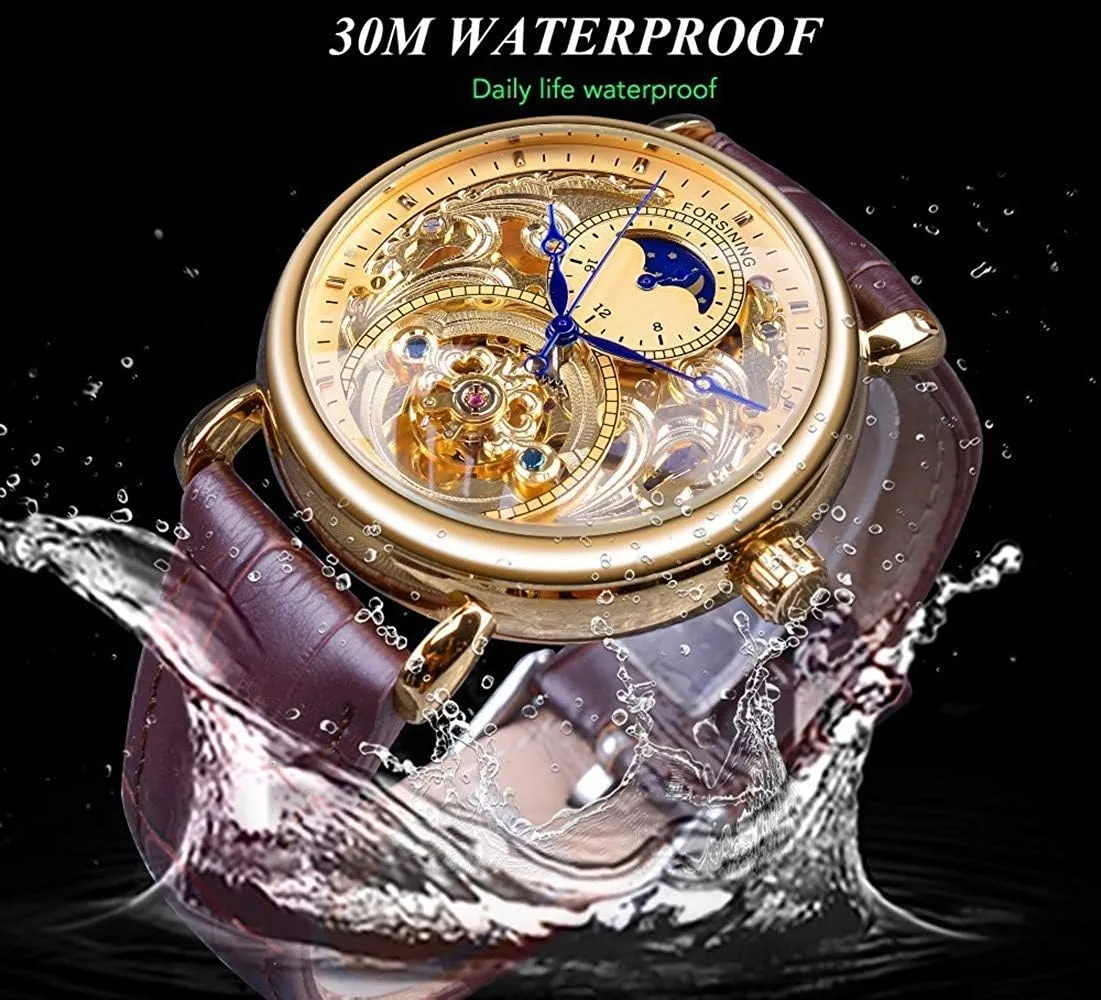 Carlien Mens Automatic Watches Gold Tourbillon Skeleton Watch Moon Phase Waterproof Stainless Steel Watch