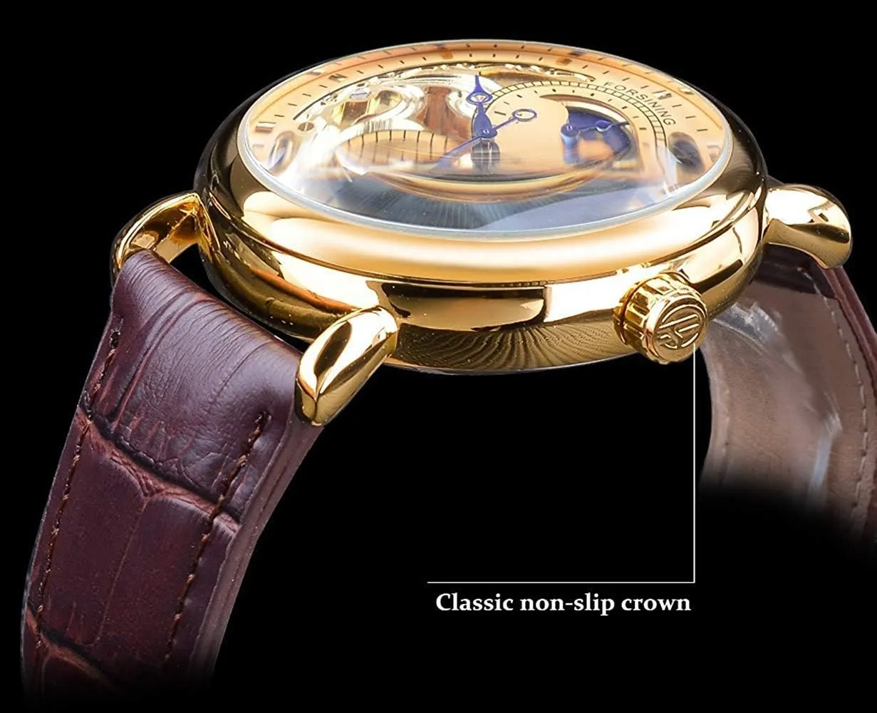 Carlien Mens Automatic Watches Gold Tourbillon Skeleton Watch Moon Phase Waterproof Stainless Steel Watch