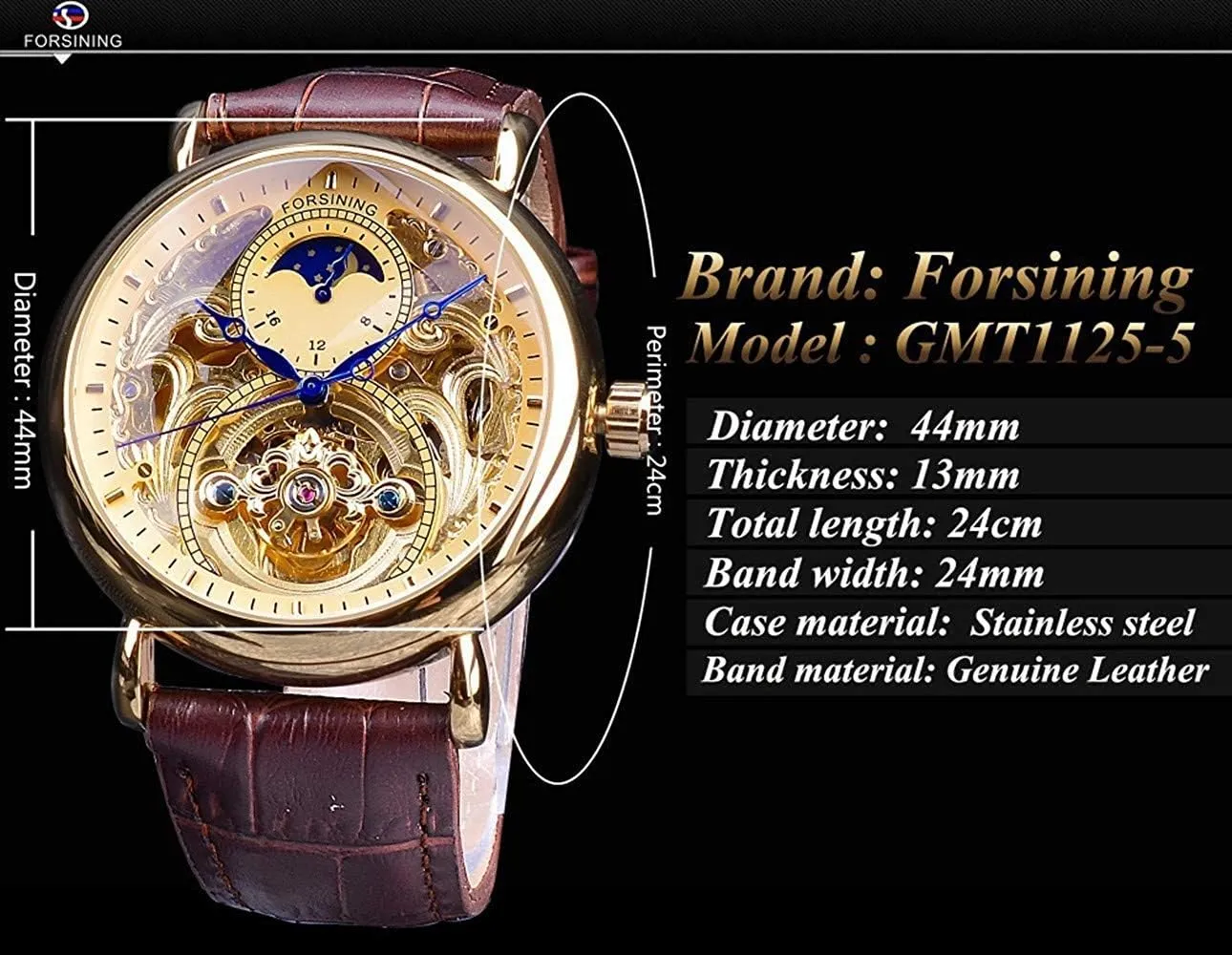 Carlien Mens Automatic Watches Gold Tourbillon Skeleton Watch Moon Phase Waterproof Stainless Steel Watch