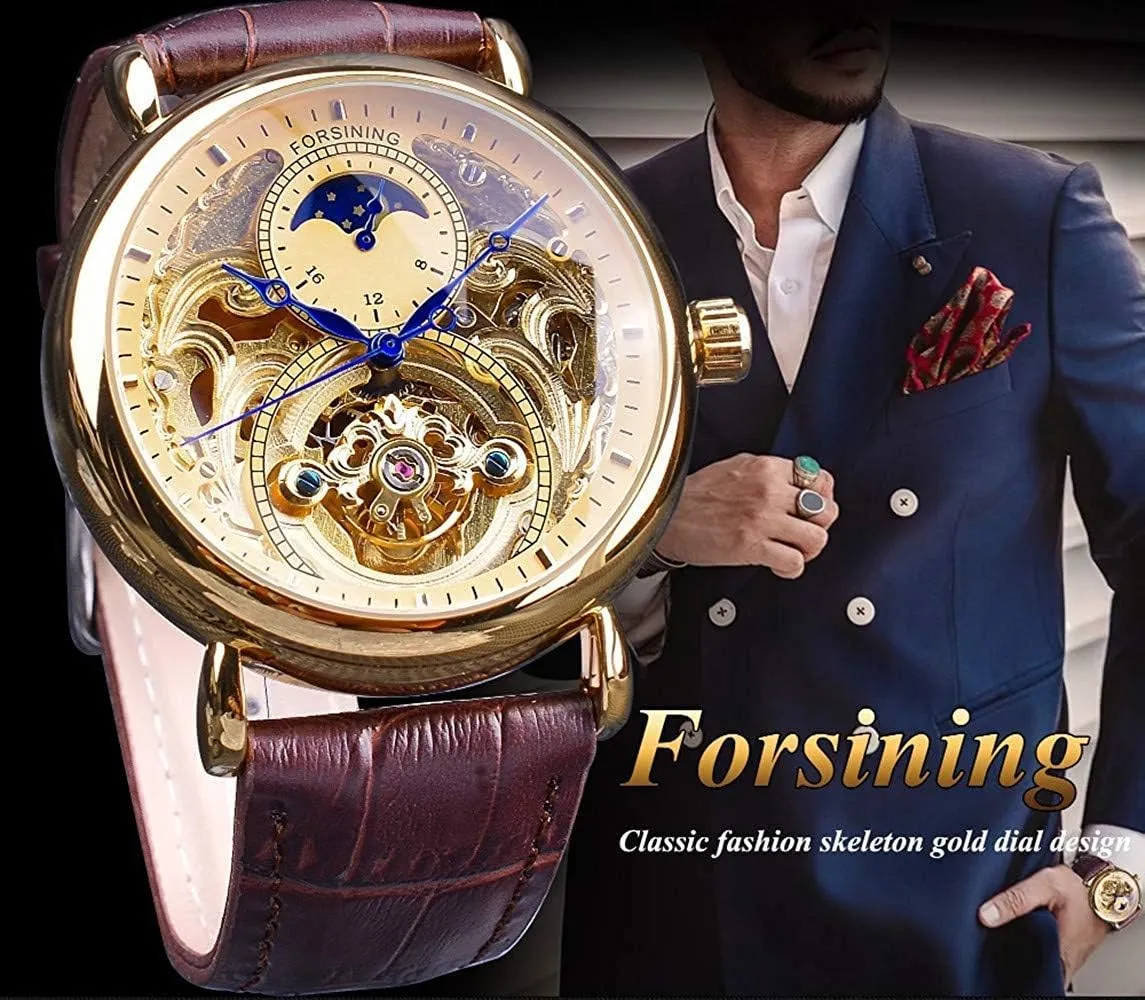 Carlien Mens Automatic Watches Gold Tourbillon Skeleton Watch Moon Phase Waterproof Stainless Steel Watch