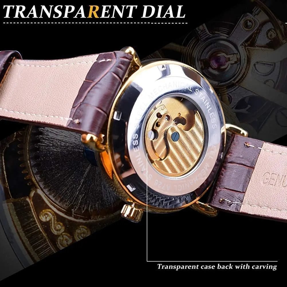 Carlien Mens Automatic Watches Gold Tourbillon Skeleton Watch Moon Phase Waterproof Stainless Steel Watch