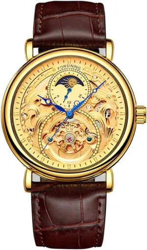 Carlien Mens Automatic Watches Gold Tourbillon Skeleton Watch Moon Phase Waterproof Stainless Steel Watch