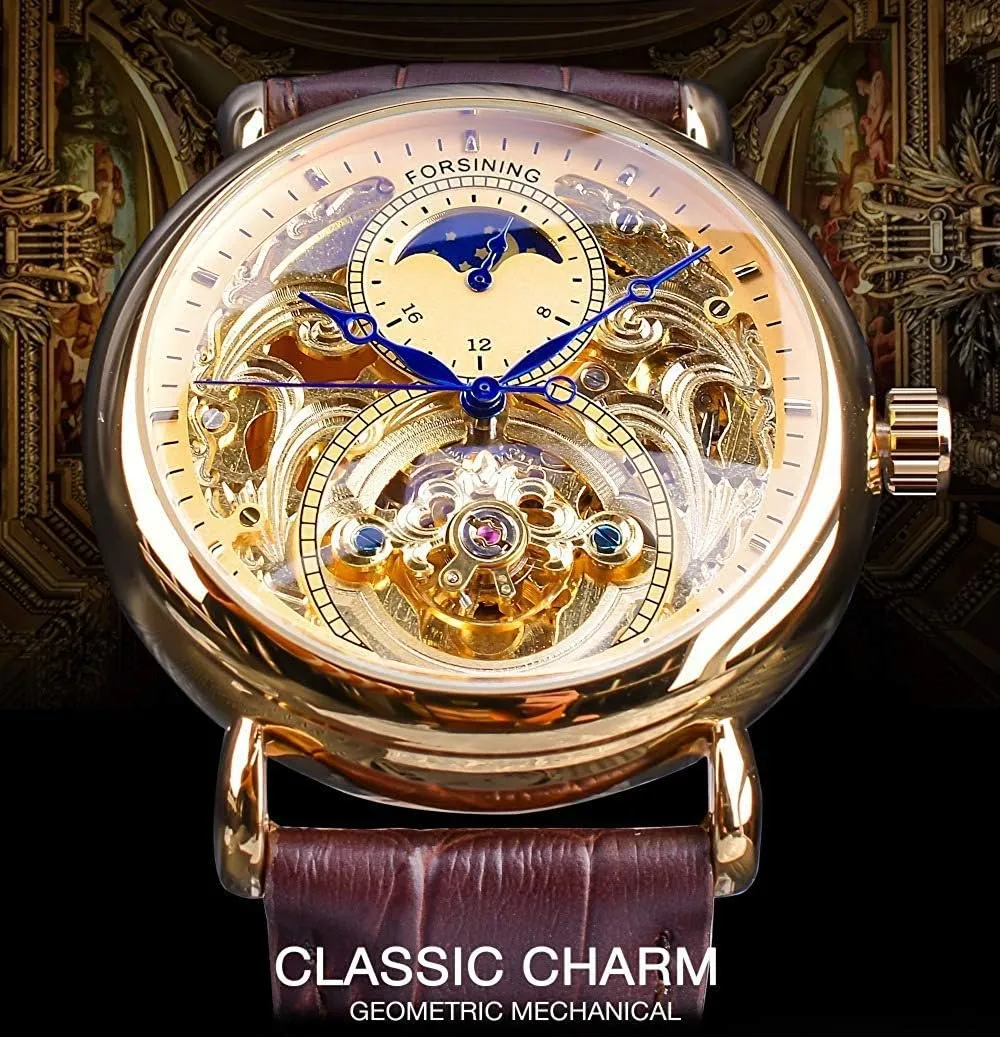 Carlien Mens Automatic Watches Gold Tourbillon Skeleton Watch Moon Phase Waterproof Stainless Steel Watch