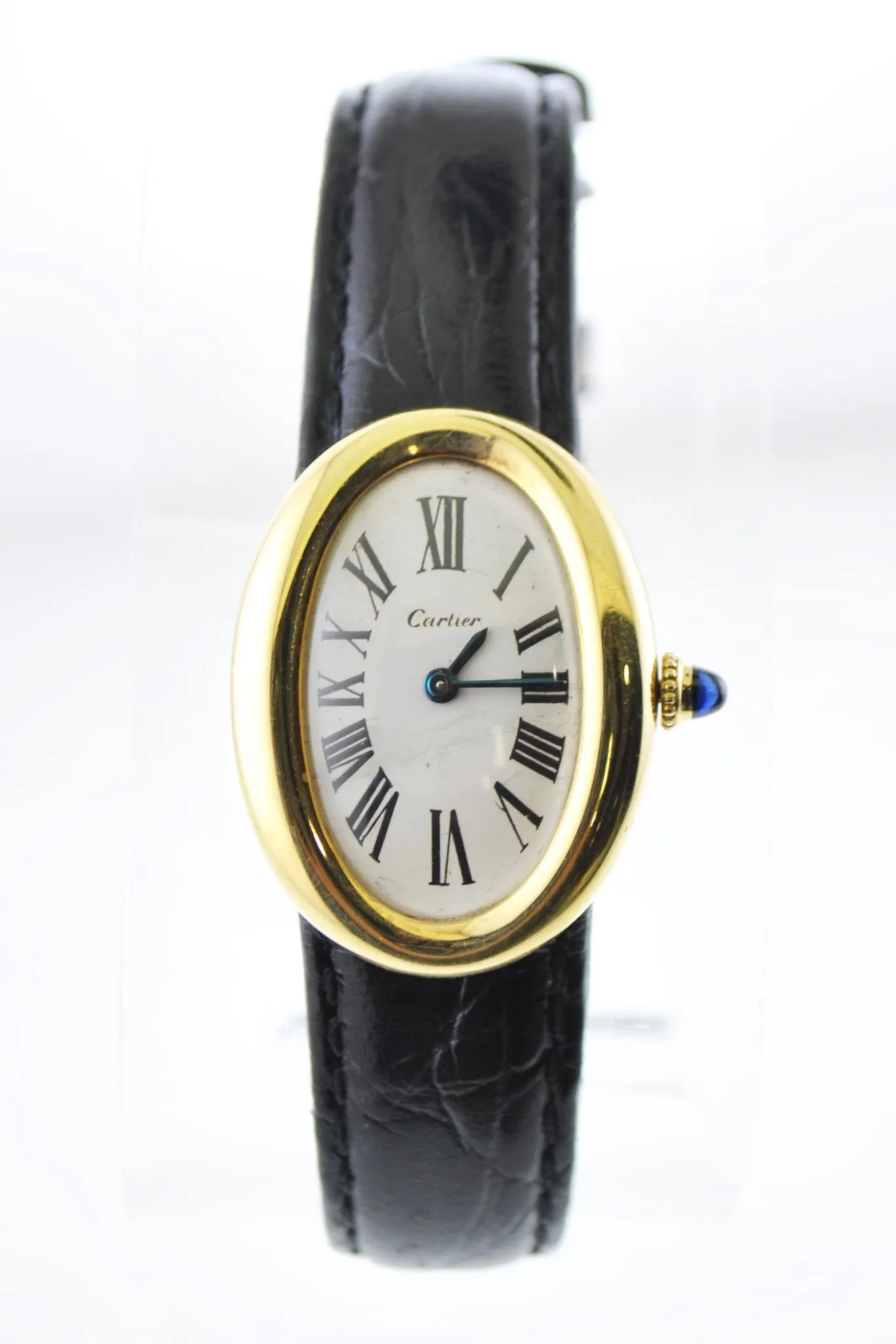 Cartier Baignoire Mechanic Oval Ladies Wristwatch on Black Leather Strap in 18 Karat Yellow Gold - $40K VALUE