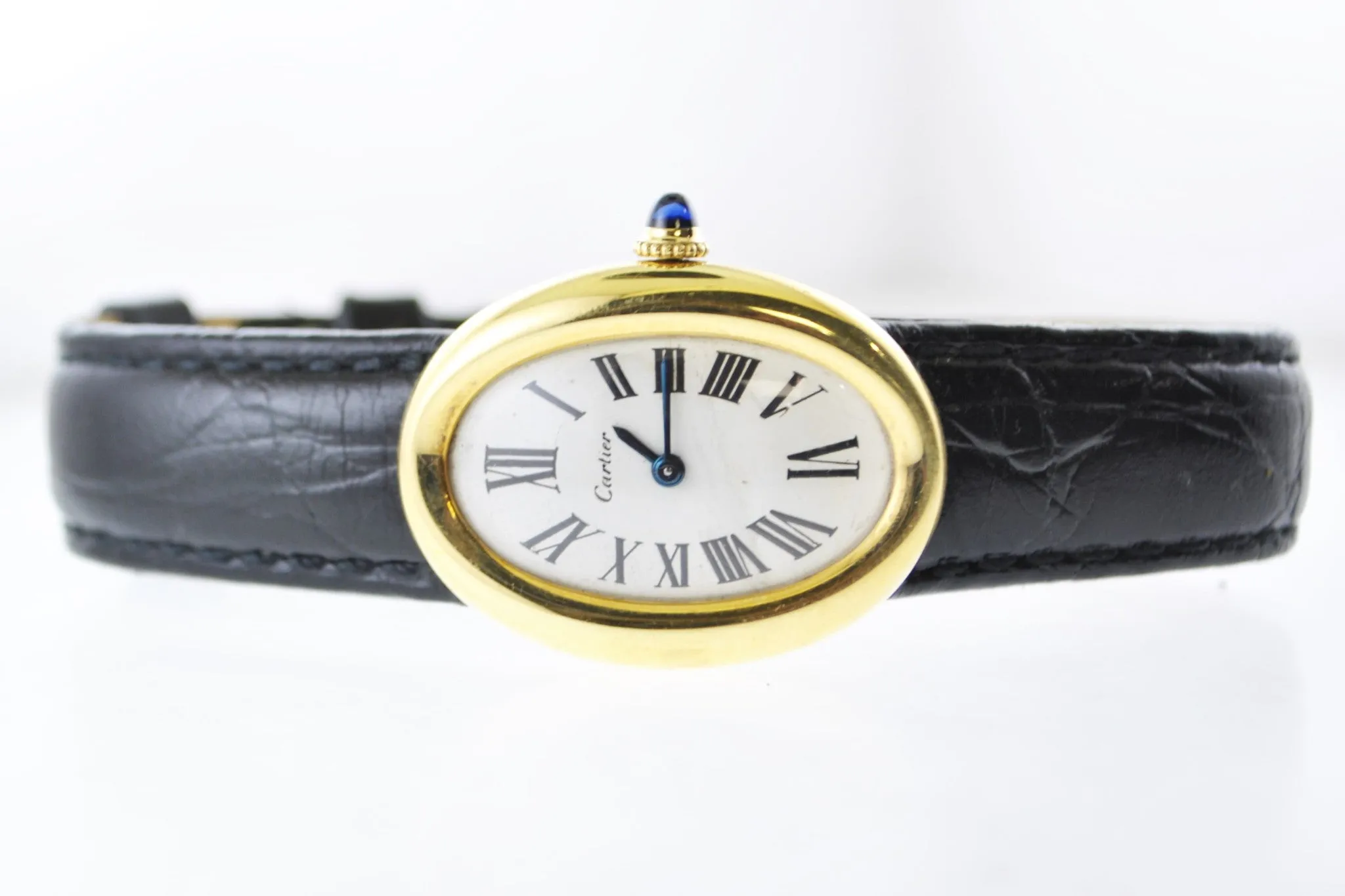 Cartier Baignoire Mechanic Oval Ladies Wristwatch on Black Leather Strap in 18 Karat Yellow Gold - $40K VALUE