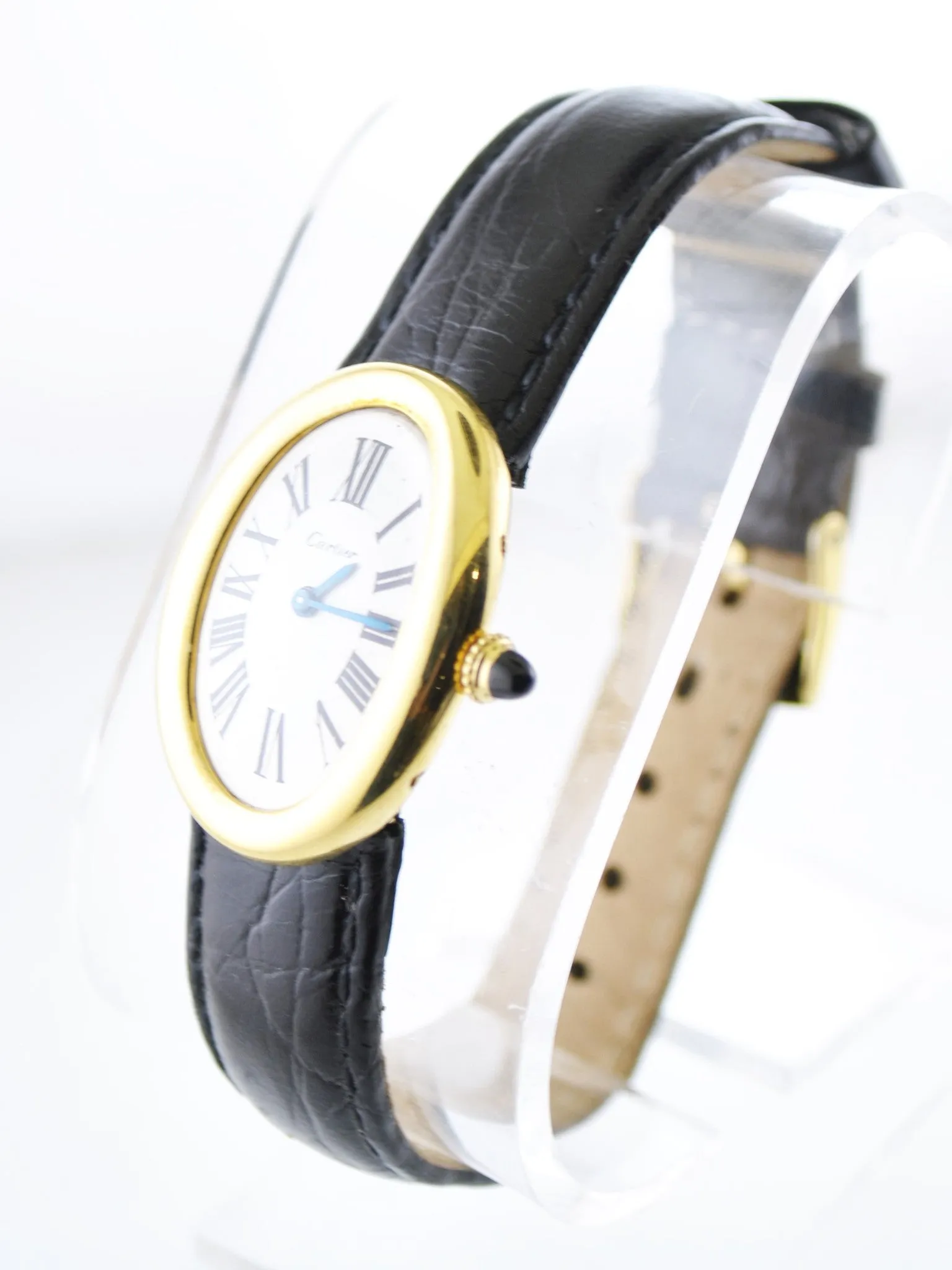 Cartier Baignoire Mechanic Oval Ladies Wristwatch on Black Leather Strap in 18 Karat Yellow Gold - $40K VALUE