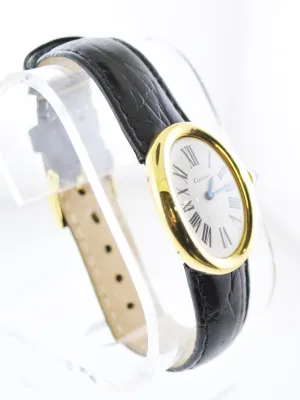 Cartier Baignoire Mechanic Oval Ladies Wristwatch on Black Leather Strap in 18 Karat Yellow Gold - $40K VALUE