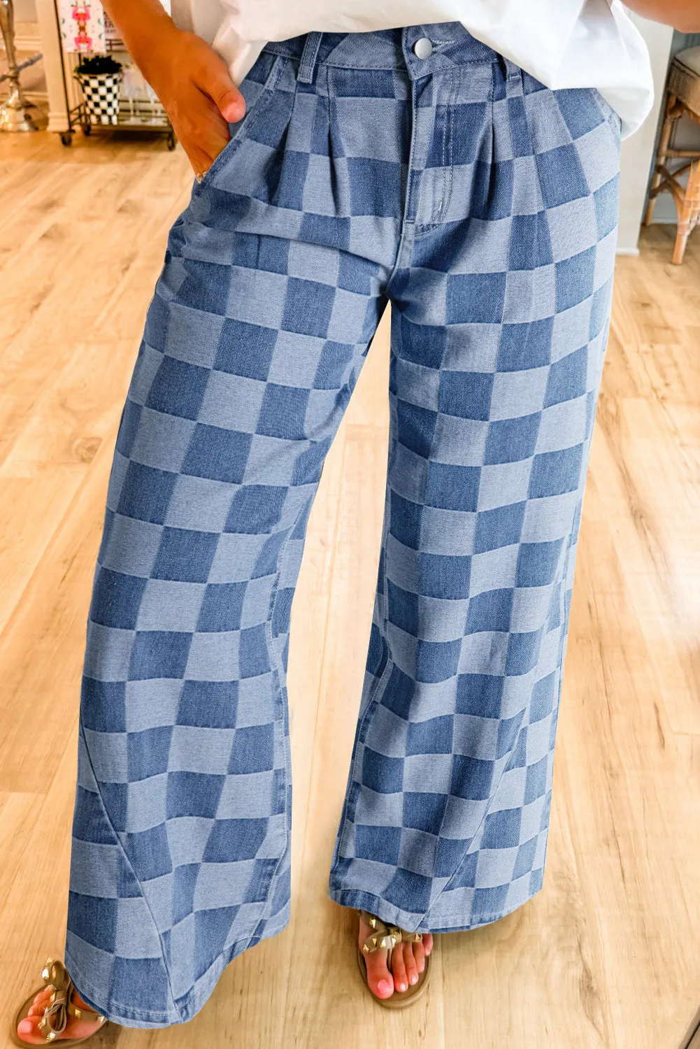 Checkered Wide Leg Jeans (online only)
