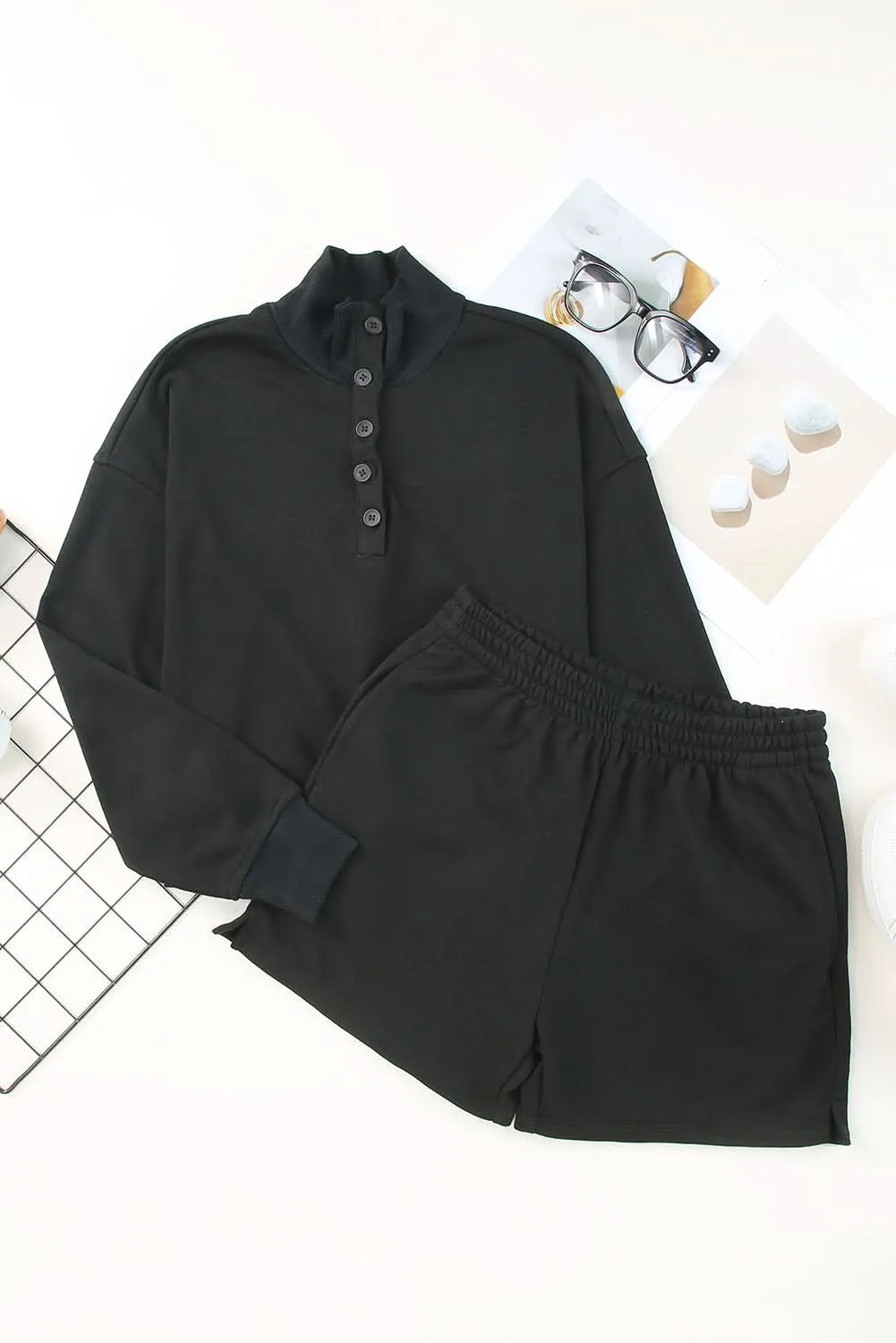 Chic black henley top & shorts set