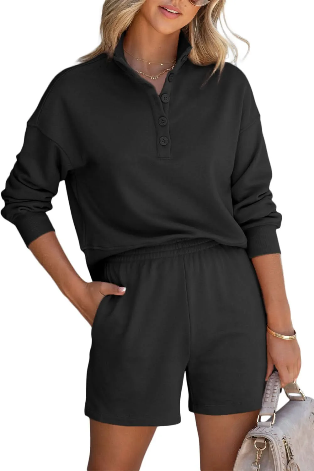 Chic black henley top & shorts set