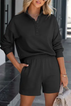 Chic black henley top & shorts set