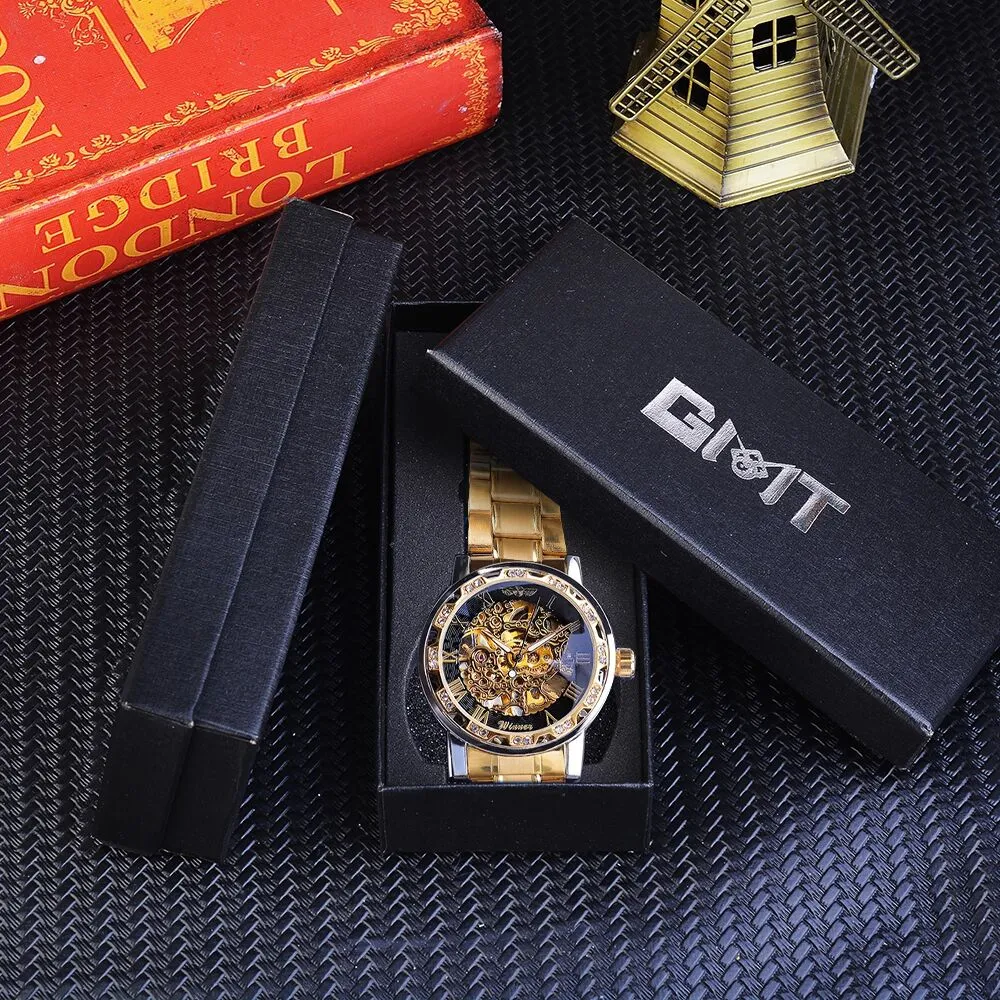 Classic Rhinestone Roman Numeral Analog 40mm Skeleton Mechanical Stainless Steel Luminous Watch for Men (4 colors)