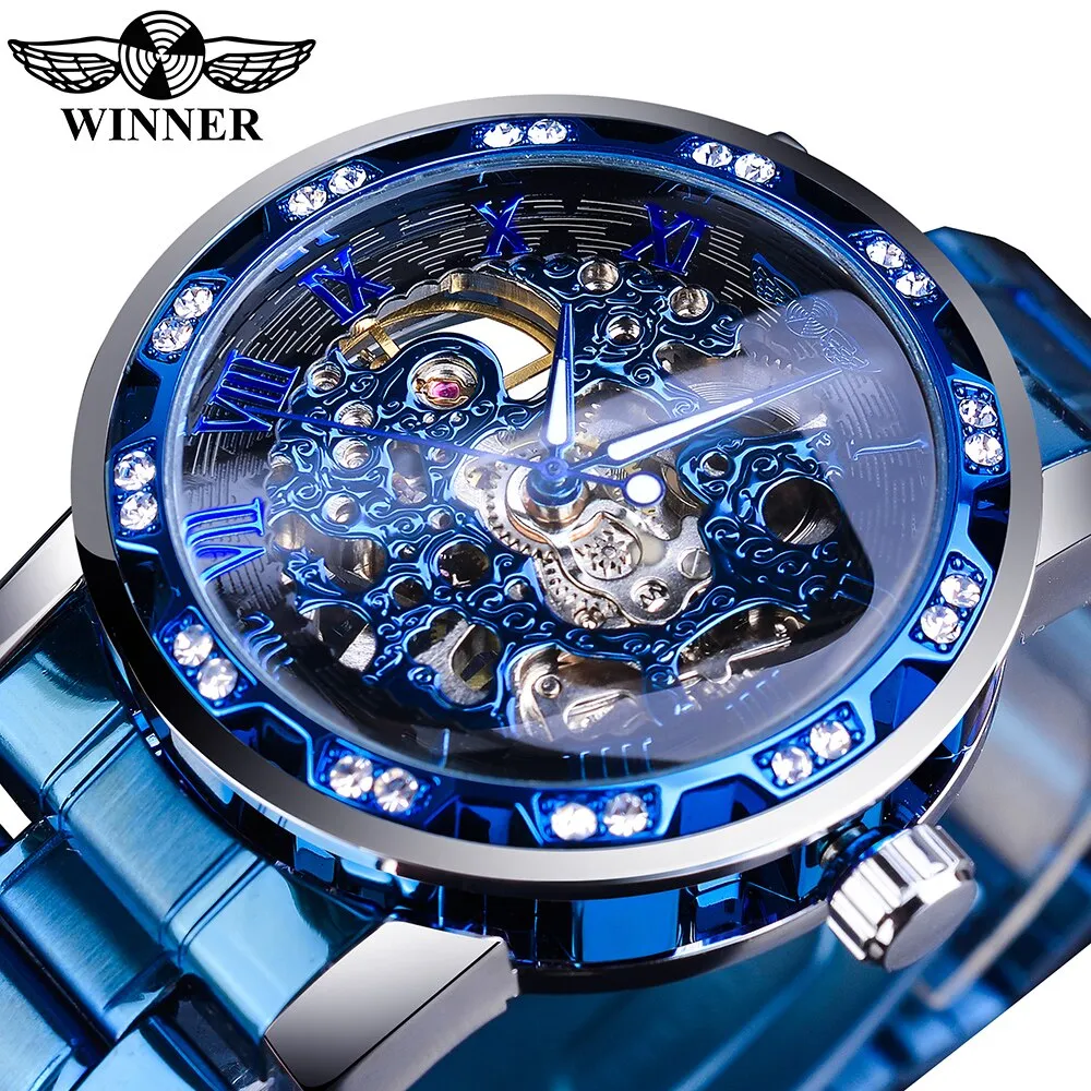 Classic Rhinestone Roman Numeral Analog 40mm Skeleton Mechanical Stainless Steel Luminous Watch for Men (4 colors)