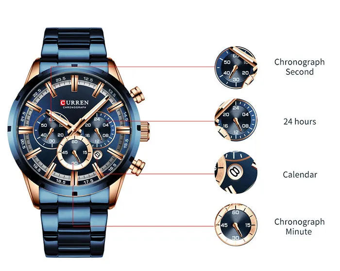 CURREN Stainless Steel Luxury Sport Men Watches Waterproof Chronograph Wristwatch