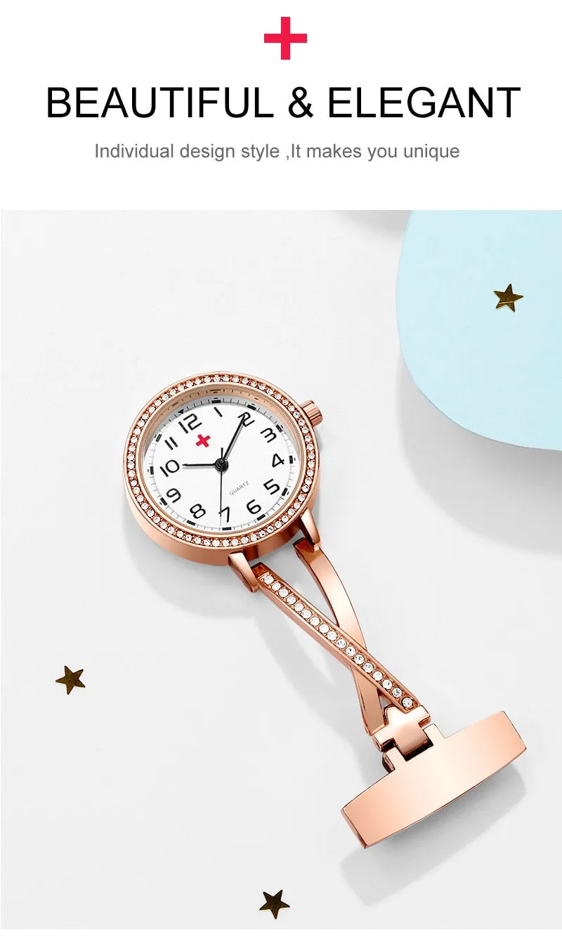 Fashion Rosegold CZ Nurse Clip-on Pocket Watch