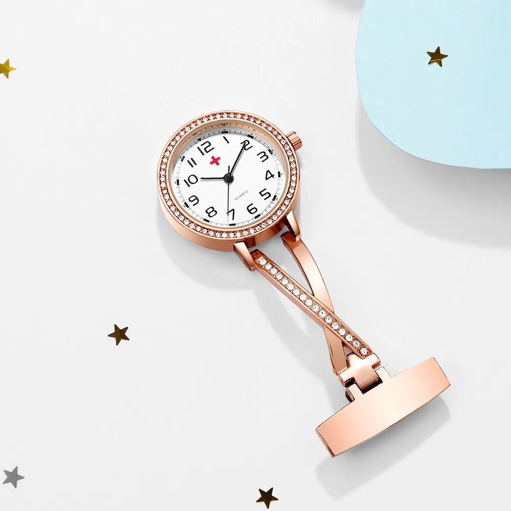 Fashion Rosegold CZ Nurse Clip-on Pocket Watch