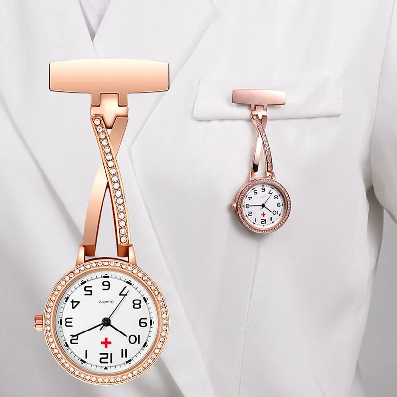 Fashion Rosegold CZ Nurse Clip-on Pocket Watch