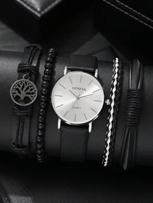 Fashionable Casual Business Sport Pu Leather Quartz Watches 5pcs Men's Watch Set,