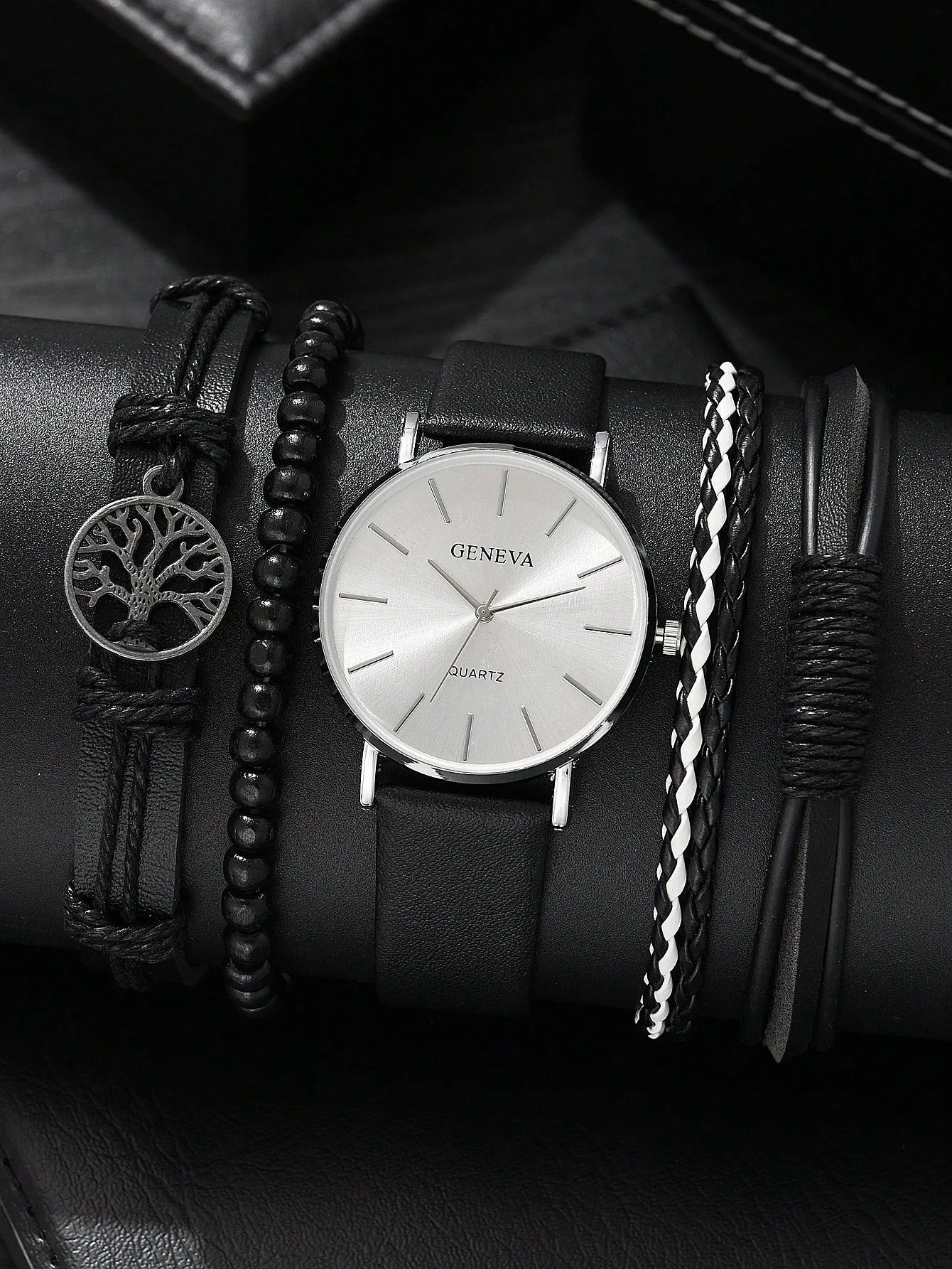 Fashionable Casual Business Sport Pu Leather Quartz Watches 5pcs Men's Watch Set,
