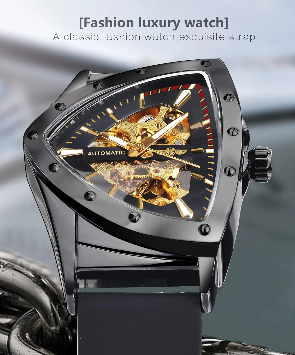 FORSINING Skeleton Watches for Men, Automatic Mechanical Watch with Triangle Dial, Luminous Self Winding Watches Stainless Steel Bracelet or Soft Silicone Strap