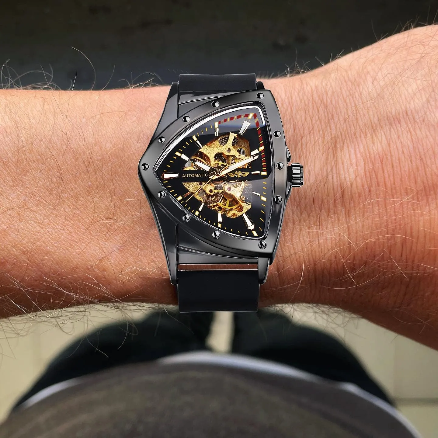 FORSINING Skeleton Watches for Men, Automatic Mechanical Watch with Triangle Dial, Luminous Self Winding Watches Stainless Steel Bracelet or Soft Silicone Strap