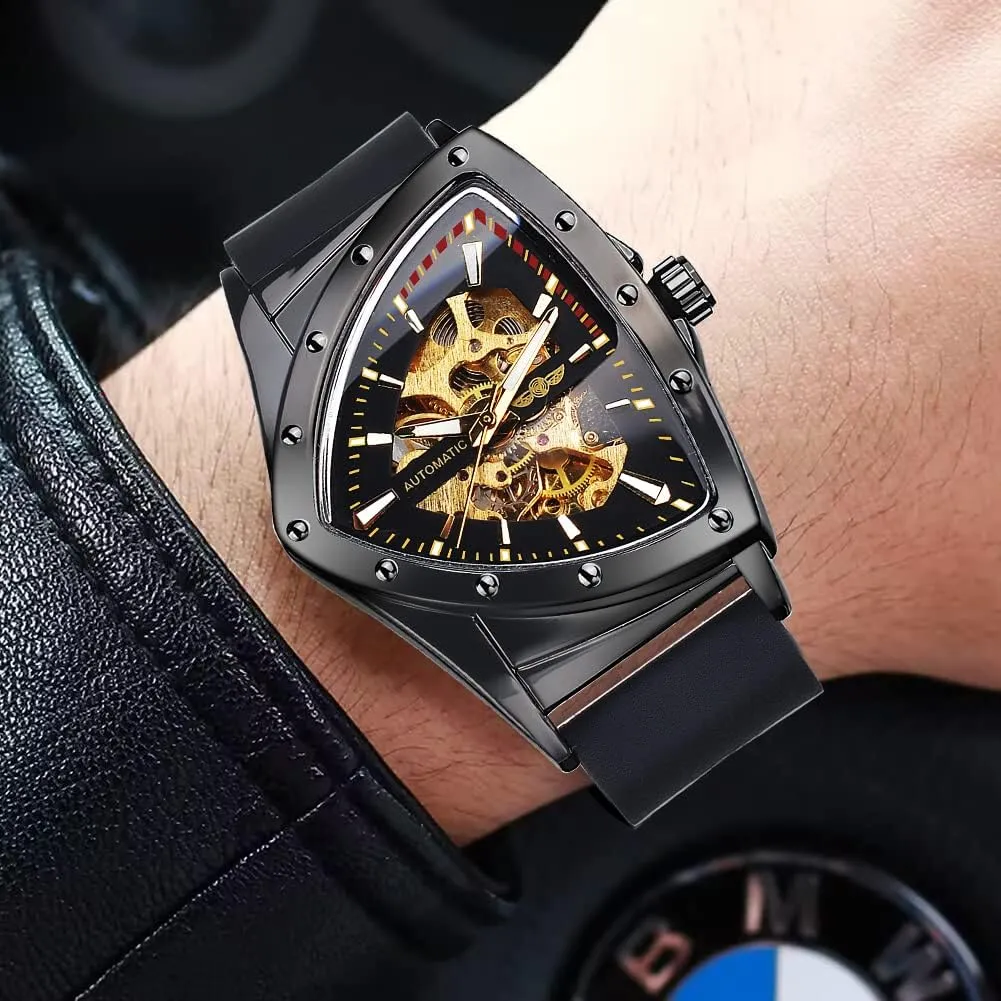 FORSINING Skeleton Watches for Men, Automatic Mechanical Watch with Triangle Dial, Luminous Self Winding Watches Stainless Steel Bracelet or Soft Silicone Strap