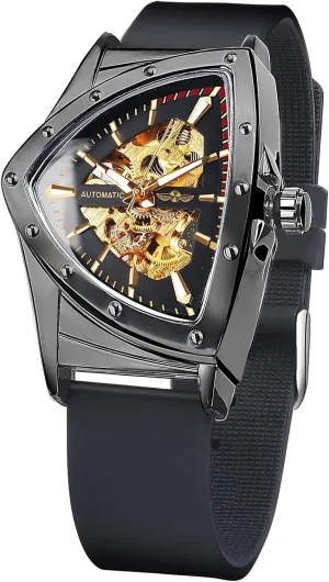 FORSINING Skeleton Watches for Men, Automatic Mechanical Watch with Triangle Dial, Luminous Self Winding Watches Stainless Steel Bracelet or Soft Silicone Strap