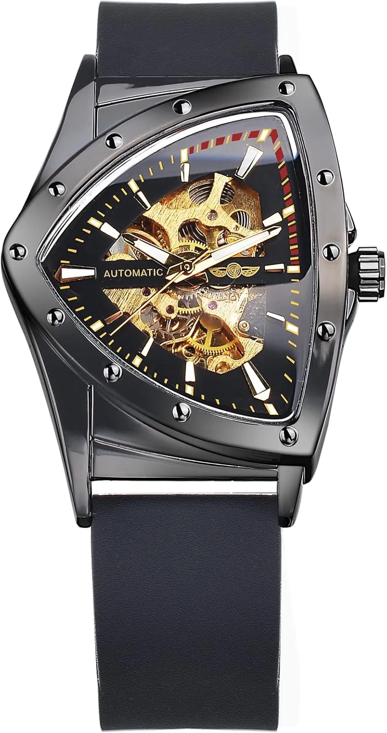 FORSINING Skeleton Watches for Men, Automatic Mechanical Watch with Triangle Dial, Luminous Self Winding Watches Stainless Steel Bracelet or Soft Silicone Strap