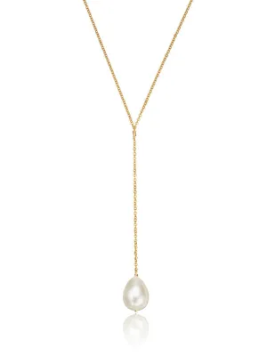 Gold large pearl lariat necklace